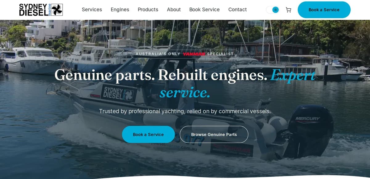 The Sydney Diesel Marine homepage showing the hero section and Yanmar specialist positioning